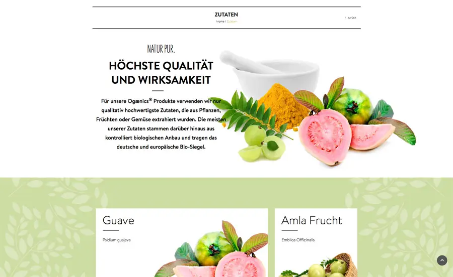 ogaenics Website Zutaten